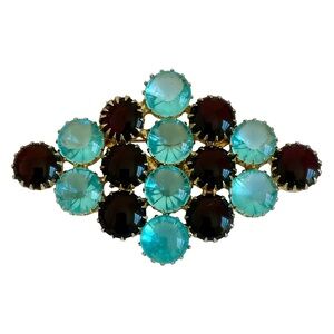 Vintage Diamond Shaped Brooch With Aqua And Amethyst Glass Cabochons